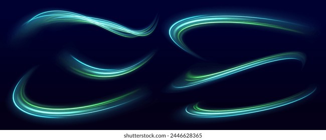 Abstract technology light lines background. Glitter green wave light effect. The effect of speed on a blue background. Bright sparkling background.	
