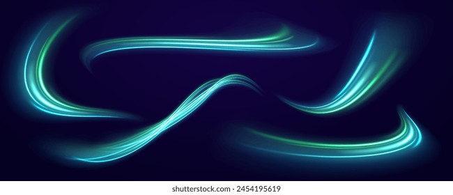 Abstract technology light lines background. Glitter green wave light effect. The effect of speed on a blue background. Bright sparkling background.	

