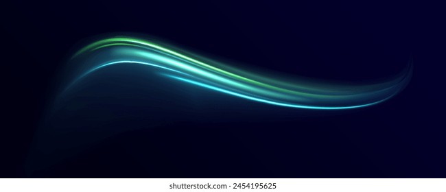 Abstract technology light lines background. Glitter green wave light effect. The effect of speed on a blue background. Bright sparkling background.	

