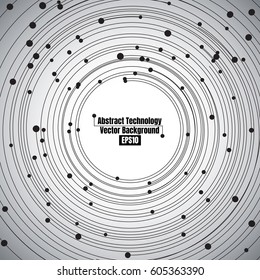 Abstract technology line art vector background. Black circular lines with dots design template with copy space.