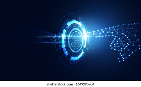 Triángulo de línea de la tecnología abstracta y puntos de los dedos bajo poligono futuro modelo moderno alambre moderno en círculo de alta tecnología futuro fondo azul.
