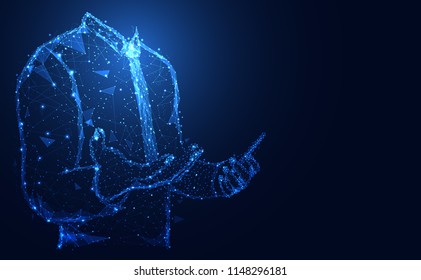 Abstract technology line triangle and points businessman low poly hold the phone in hand polygonal future modern wireframe on hi tech future blue background. for template, web design or presentation.