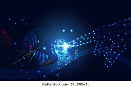 Abstract technology line triangle and points hand and world low poly future modern wireframe on hi tech future blue background. for template, web design or presentation.
