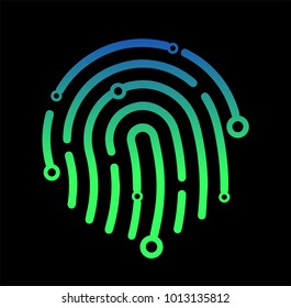Abstract technology logo, design concept, emblem, icon, flat logotype element for template. IT company sign vector illustration. Finger print in hi-tech style. Security concept. Computer science
