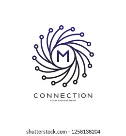 Abstract technology logo, emblem or sign, symbol, connection, mono lines, icon tech, M,