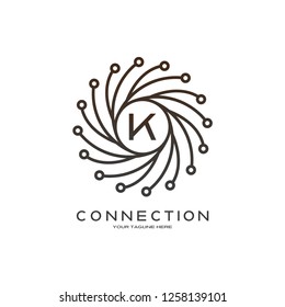 Abstract technology logo, emblem or sign, symbol, connection, mono lines, icon tech, K,