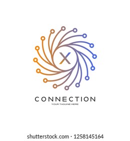 Abstract technology logo, emblem or sign, symbol, connection, mono lines, icon tech, X,