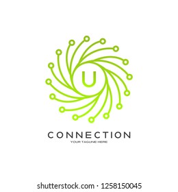 Abstract technology logo, emblem or sign, symbol, connection, mono lines, icon tech, U,