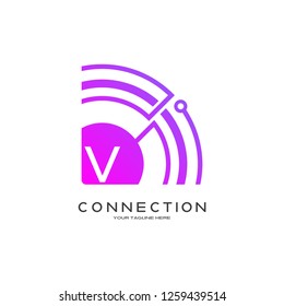 Abstract technology logo, emblem or sign, symbol, connection, icon tech, V,