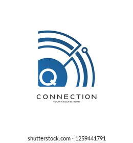 Abstract technology logo, emblem or sign, symbol, connection, icon tech, Q,