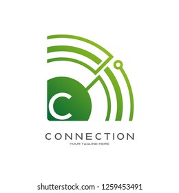 Abstract technology logo, emblem or sign, symbol, connection, mono lines, design element, icon tech, C,