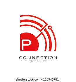 Abstract technology logo, emblem or sign, symbol, connection, mono lines, design element, icon tech, P,