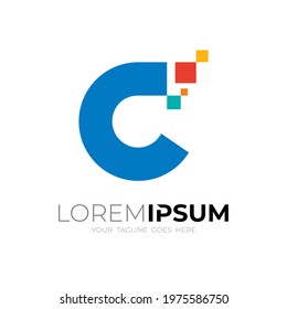Abstract technology logo, letter C logo with pixel icons