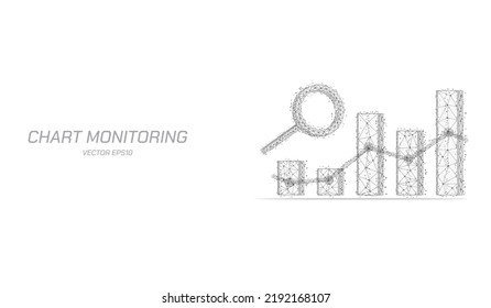 Abstrakte Technologie Low-Poly-Finanzdiagramm-Analyse mit Lupe-Diagramm Wireframe. Börsengeschäfte, die schwarze Rahmenkonzepte mit Hintergrund handeln.