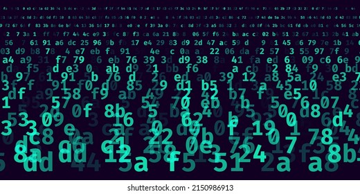 Abstract Technology Machine Code Background. Random Binary Hexadecimal Code. Matrix with Digits. Vector Illustration. Hacking, Cryptography, Malware, Reverse Engineering, Data Analysis Backdrop.