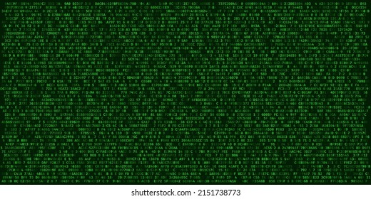 Abstract Technology Machine Code Background. Random Binary Hexadecimal Code. Matrix with Digits. Vector Illustration. Hacking, Cryptography, Malware, Reverse Engineering, Data Analysis Backdrop.