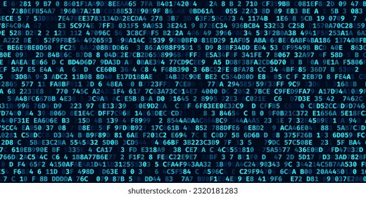 Resumen del fondo del código de máquina de la tecnología. Código Hexadecimal binario aleatorio. Matriz con dígitos. Ilustración vectorial. Hacking, Criptografía, Malware, Ingeniería Inversa, Análisis de Datos.