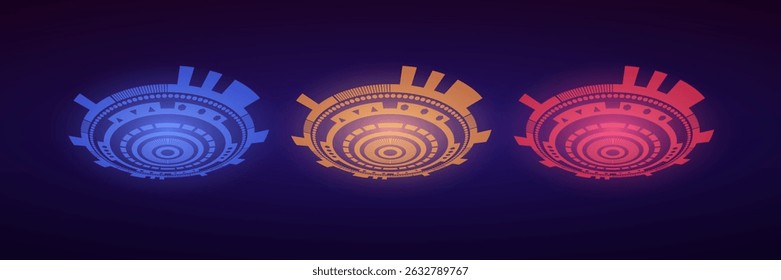 Abstract technology. Magic round podium for teleportation with hologram effect. Round geometric figures. Vector set.