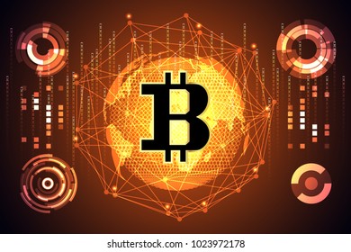 Abstract technology map world digital money ui futuristic Concept future Golden bitcoin digital currency interface hologram elements of digital data chart,communication,technology,network.vector