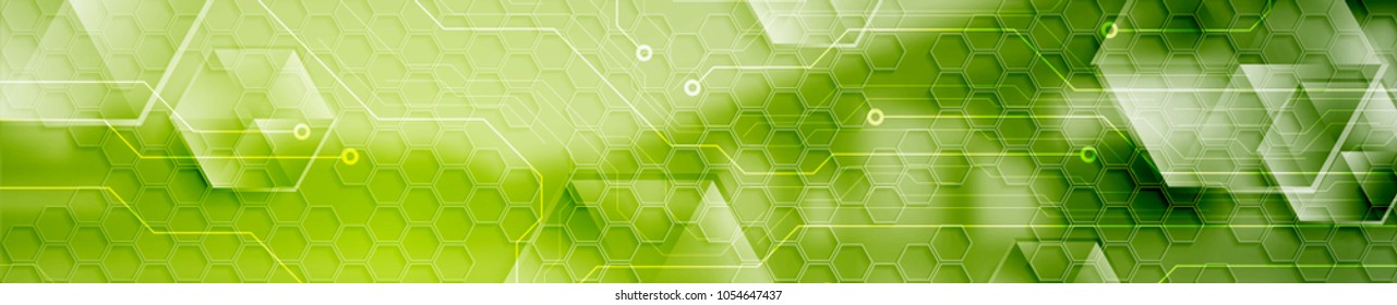 Abstract technology modern industrial web header banner. Vector header template with bridge landscape, circuit board and hexagons. Banner illustration