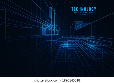 Resumen del fondo del concepto de líneas de movimiento de tecnología. Líneas azules sobre fondo oscuro de neón brillante. Diseño geométrico moderno simple para banner, portada, afiche, presentación, publicidad