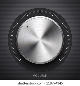 Abstract technology music button (settings banner, control knob) with metal texture (steel, chrome, silver), shadow and dark background for internet sites, web user interfaces (ui), applications (app)