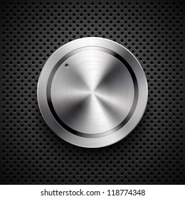 Abstract technology music button (settings banner, control knob) with metal texture (steel, chrome, silver), shadow and dark background for internet sites, web user interfaces (ui), applications (app)