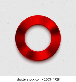 Abstract technology music button, volume knob with red metal texture (steel, chrome, silver), realistic shadow and light grunge background for web sites, user interfaces (UI) and applications (apps).