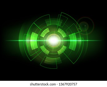 Abstract technology neon light radius elements. Screen radar radius shine round frame circles with line, dots, and ring on dark green background. Vector illustration. 