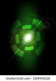Abstract technology neon light radius elements. Screen radar radius shine round frame circles with line, dots, and ring on dark green background. Vector illustration. 