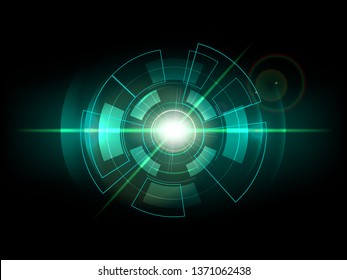 Abstract technology neon light radius elements. Screen radar radius shine round frame circles with line, dots, and ring on dark blue background. Vector illustration. 