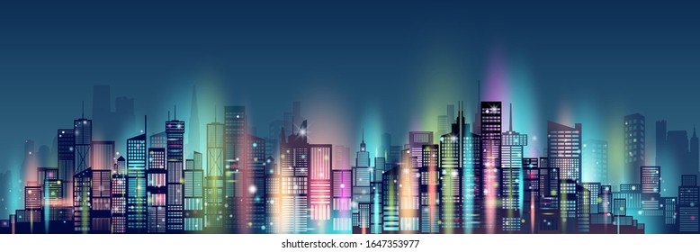 Abstract technology neon in modern architecture downtown skyscraper background, Cityscape skyline panorama view building futuristic, Vector illustration  network communication in city on dark blue.