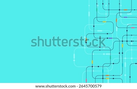 Abstract technology network background with circuit lines and connected dots on blue, symbol of communication, connection, data flow, digital system and modern innovation