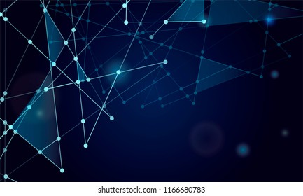 Abstract technology Network nodes with polygonal shapes on dark blue Vector background. Connection science and futuristic technology, digital structure, connected points, web.