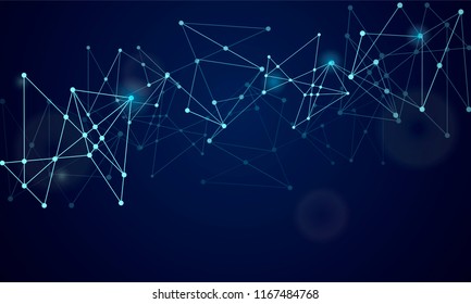 Abstract technology Network nodes with polygonal shapes on dark blue Vector background. Connection science and futuristic technology, digital structure, connected points, web.