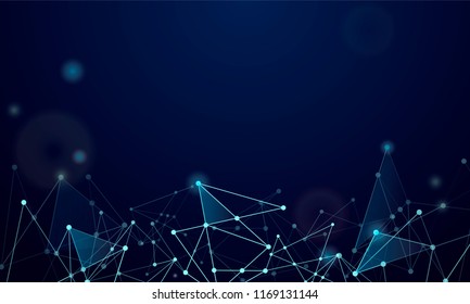 Abstract technology Network nodes with polygonal shapes on dark blue Vector background. Connection science and futuristic technology, digital structure, connected points, web.
