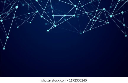 Abstract technology Network nodes with polygonal shapes on dark blue Vector background. Connection science and futuristic technology, digital structure, connected points, web.