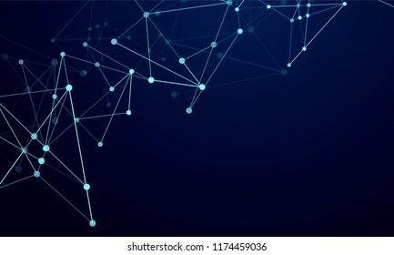 Abstract technology Network nodes with polygonal shapes on dark blue Vector background. Connection science and futuristic technology, digital structure, connected points, web.