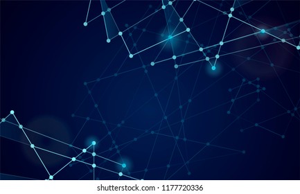 Abstract technology Network nodes with polygonal shapes on dark blue Vector background. Connection science and futuristic technology, digital structure, connected points, web.