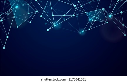 Abstract technology Network nodes with polygonal shapes on dark blue Vector background. Connection science and futuristic technology, digital structure, connected points, web.