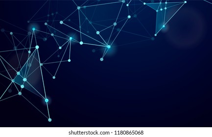 Abstract technology Network nodes with polygonal shapes on dark blue Vector background. Connection science and futuristic technology, digital structure, connected points, web.