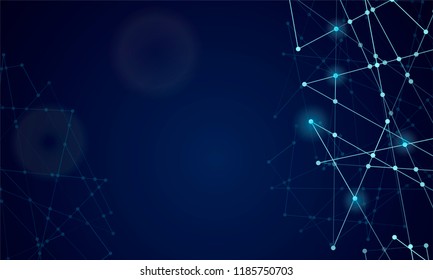 Abstract technology Network nodes with polygonal shapes on dark blue Vector background. Connection science and futuristic technology, digital structure, connected points, web.