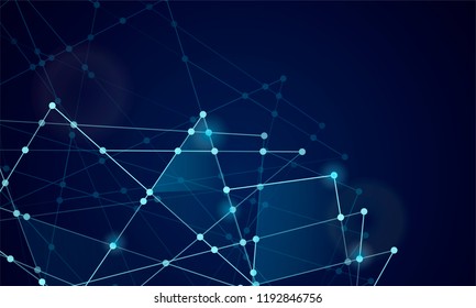 Abstract technology Network nodes with polygonal shapes on dark blue Vector background. Connection science and futuristic technology, digital structure, connected points, web.