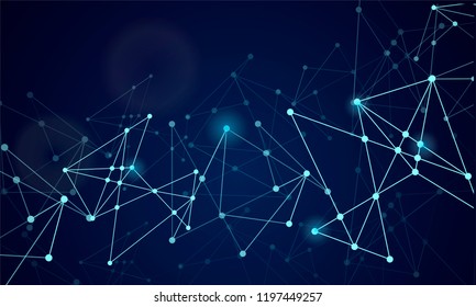 Abstract technology Network nodes with polygonal shapes on dark blue Vector background. Connection science and futuristic technology, digital structure, connected points, web.