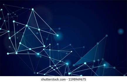 Abstract technology Network nodes with polygonal shapes on dark blue Vector background. Connection science and futuristic technology, digital structure, connected points, web.