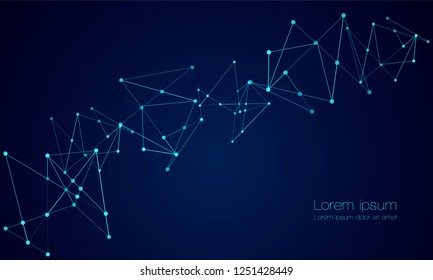 Abstract technology Network nodes with polygonal shapes on dark blue Vector background. Connection science and futuristic technology, digital structure, connected points, web.