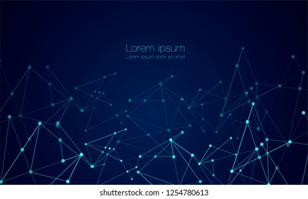 Abstract technology Network nodes with polygonal shapes on dark blue Vector background. Connection science and futuristic technology, digital structure, connected points, web.