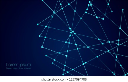 Abstract technology Network nodes with polygonal shapes on dark blue Vector background. Connection science and futuristic technology, digital structure, connected points, web.