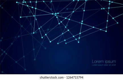 Abstract technology Network nodes with polygonal shapes on dark blue Vector background. Connection science and futuristic technology, digital structure, connected points, web.