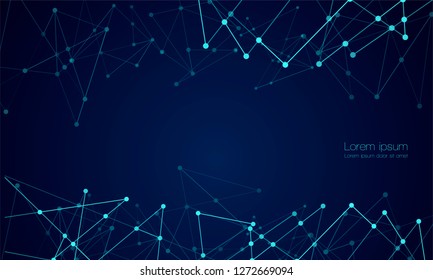 Abstract technology Network nodes with polygonal shapes on dark blue Vector background. Connection science and futuristic technology, digital structure, connected points, web.
